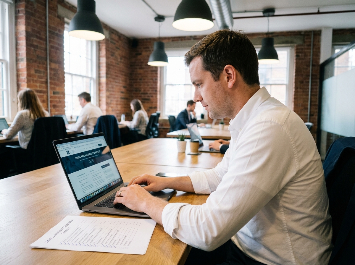 Entrepreneur vérifiant les critères d'un journal habilité pour annonces légales sur ordinateur portable