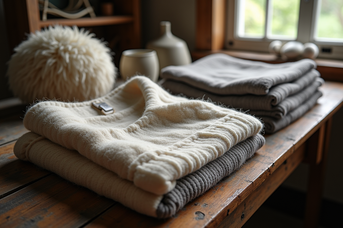 Vêtements en laine yak éthiquement sourcée sur une table en bois