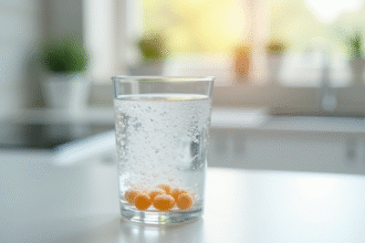 Verre d'eau avec vitamine B12 effervescente en lumière naturelle