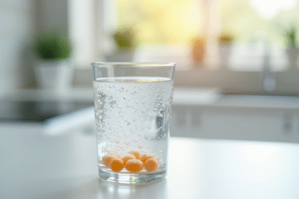 Verre d'eau avec vitamine B12 effervescente en lumière naturelle