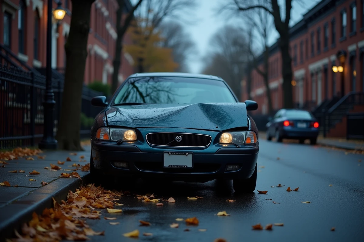 Voiture légèrement accidentée garée dans une rue calme en automne, symbolisant un rêve d'accident sans blessure
