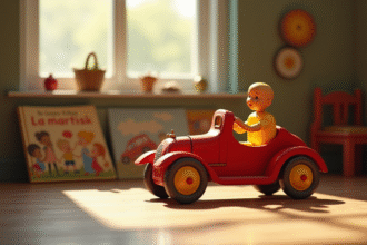 Voiture en bois vintage rouge et jaune dans une chambre d'enfant nostalgique