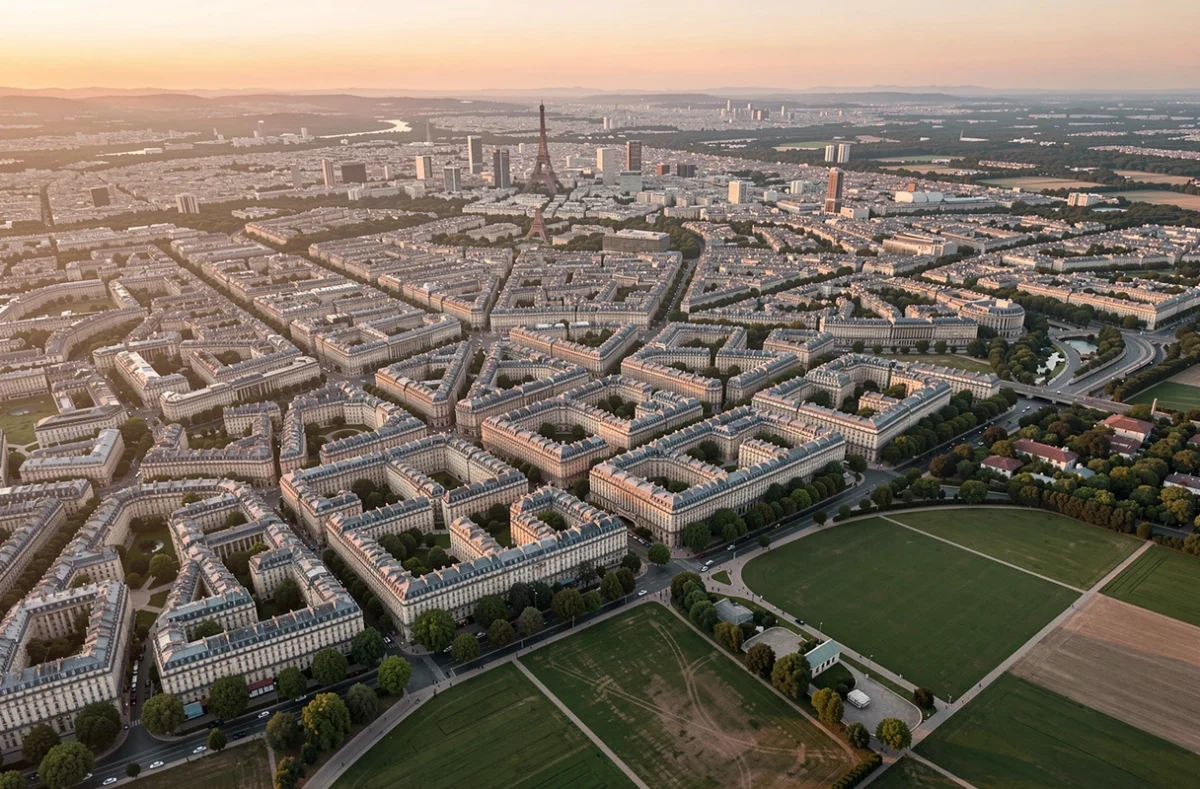 Vue aérienne de Paris et de sa banlieue en cercles successifs