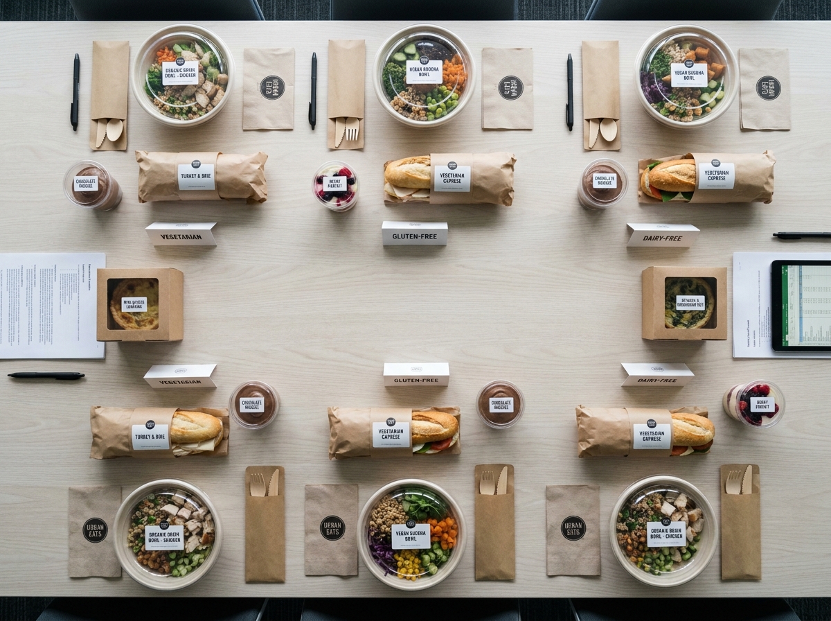 Vue aérienne d'une table de réunion avec des repas individuels emballés et étiquetés pour chaque participant